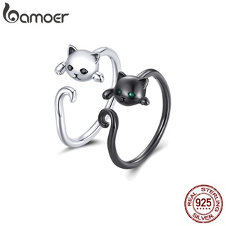 Bamoer 925 純銀簡約貓開口戒指可調節尺寸時尚首飾女