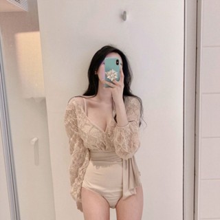 ✨關注領免運✔韓版Bikini✨泡湯比基尼✨性感 爆乳✈泳衣女性感蕾絲ins瑞仙女範小胸長袖防曬顯瘦連身超仙溫泉泳衣女