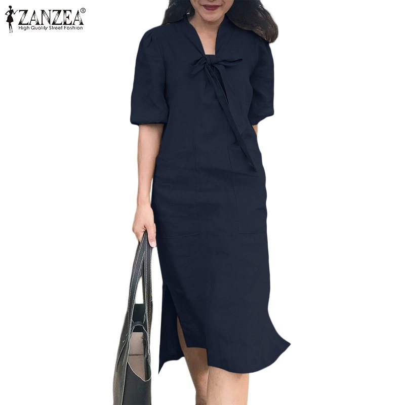 Zanzea 女式韓版休閒繫帶領半袖側袋 V 領連衣裙