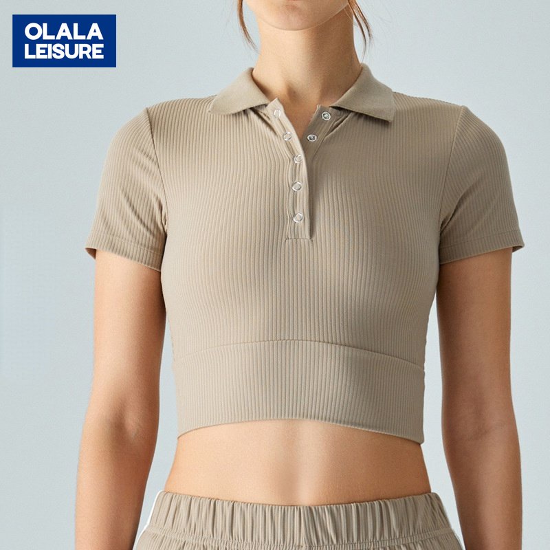 OLALA時尚新款正肩Polo領瑜伽服短袖緊身顯瘦運動上衣透氣速乾健身T恤女夏