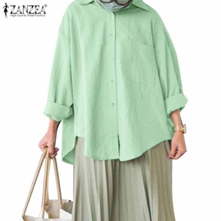 Zanzea 女式穆斯林日常前袋長袖落肩弧形下擺襯衫