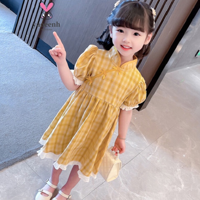 【YAOEENH】100-150CM 女童中國風洋裝 中兒童洋氣短袖格子旗袍裙 現貨 快速出貨
