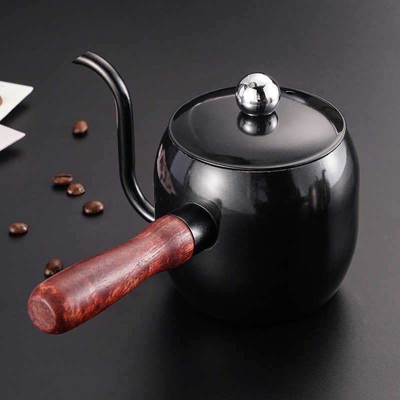 304不鏽鋼日式咖啡壺木柄滴漏手衝壺 長嘴細口特氟龍茶壺咖啡器具