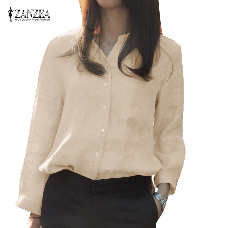 Zanzea 女式韓版 V 領純色長袖棉麻襯衫