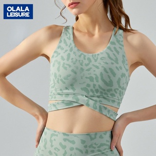 OLALA新款一件式式豹紋暗花交叉鏤空下襬工字背運動內衣透氣涼感瑜伽服女