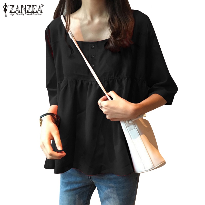 Zanzea 女式 3/4 袖方領褶襉休閒寬鬆襯衫