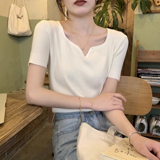 短袖女生 性感方領 T恤 針織打底衫 上衣 時尚韓版 夏季薄款 柔軟舒適透氣 素色簡約 百搭基本款