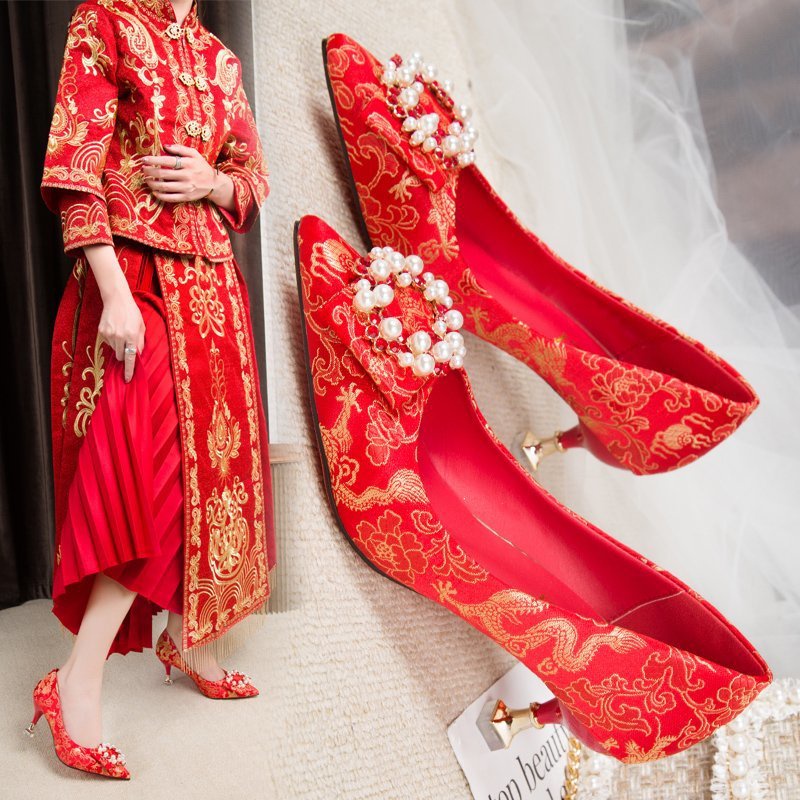 【飾尚前沿 ❤選店】中式婚鞋 女紅色高跟鞋 粗跟龍鳳繡花新娘鞋 高跟旗袍秀禾鞋 紅鞋