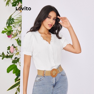 Lovito 女式休閒素色蕾絲麵料拼接泡泡袖襯衫 LBE02106（白色）