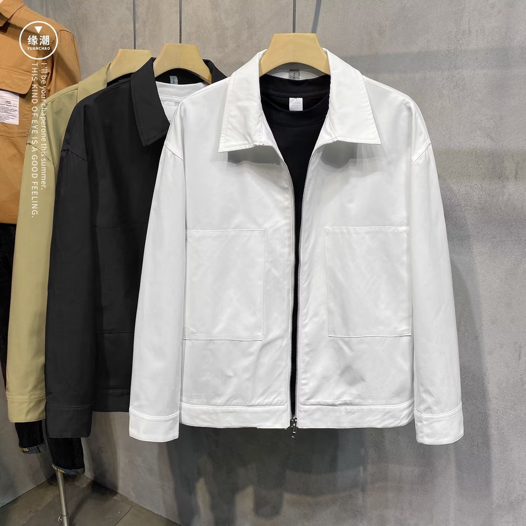 白色飛行夾克男 春秋季素色翻領百搭工裝外套 男士簡約時尚韓版ins輕奢風高級夾克  M-3XL