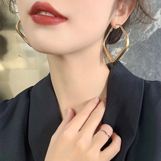 啞金色不規則幾何方形耳環女 小眾設計鏤空菱形耳圈 誇張個性圈圈耳環 耳墜 顯臉小 磨砂耳釘 氣質耳針 韓版時尚造型耳飾品