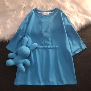 2023夏季新款藍色T恤 兔子設計感小眾 女裝中長款 短袖寬鬆上衣