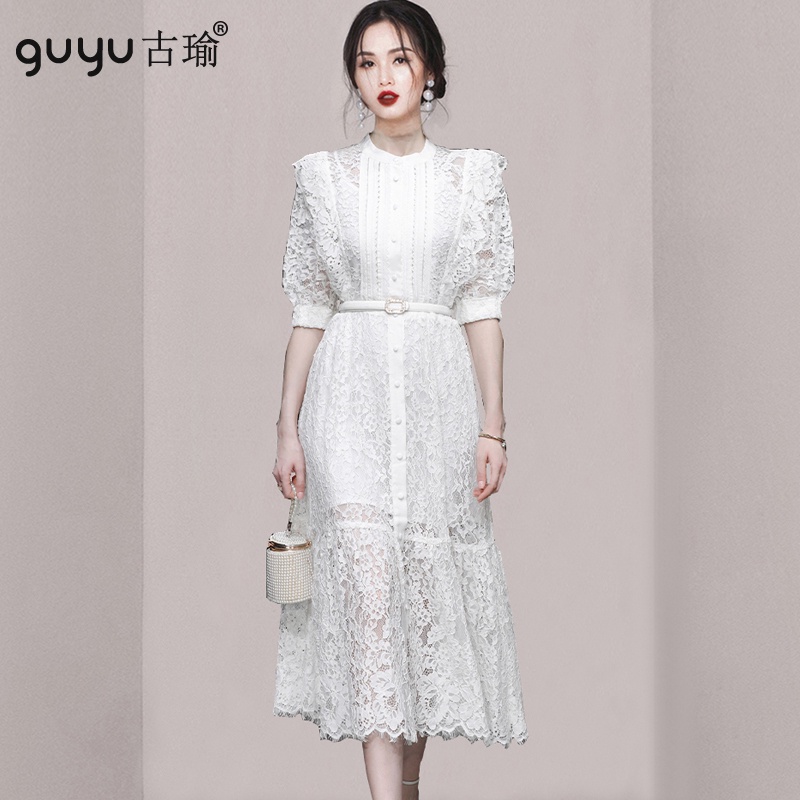 GUYU古瑜 夏天洋裝【S-XL】2023新款圓領短袖腰帶收腰白色蕾絲長洋裝附內搭洋裝套裝 宴會禮服