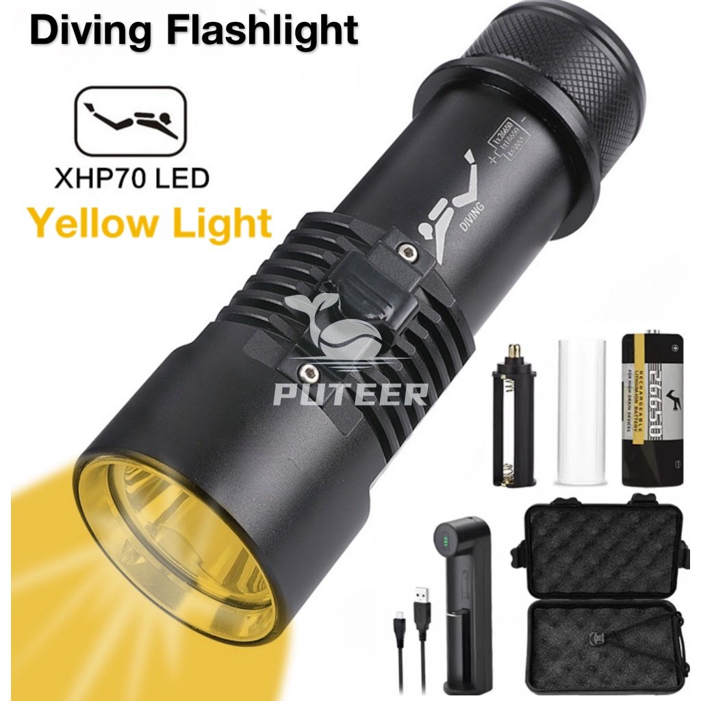 潛水手電筒黃光xhp70 5000流明水下燈白光+黃光磁鐵功能手電筒IP68防水潛水燈