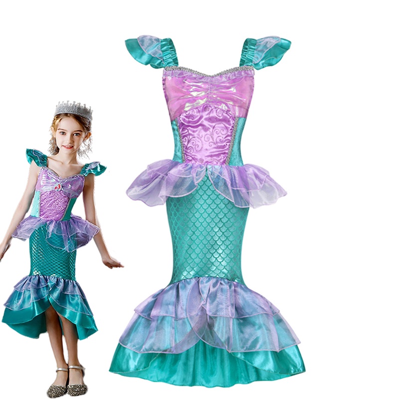 女孩小美人魚服裝時尚兒童洋裝連衣裙女孩兒童嘉年華生日派對衣服角色扮演美人魚連衣裙