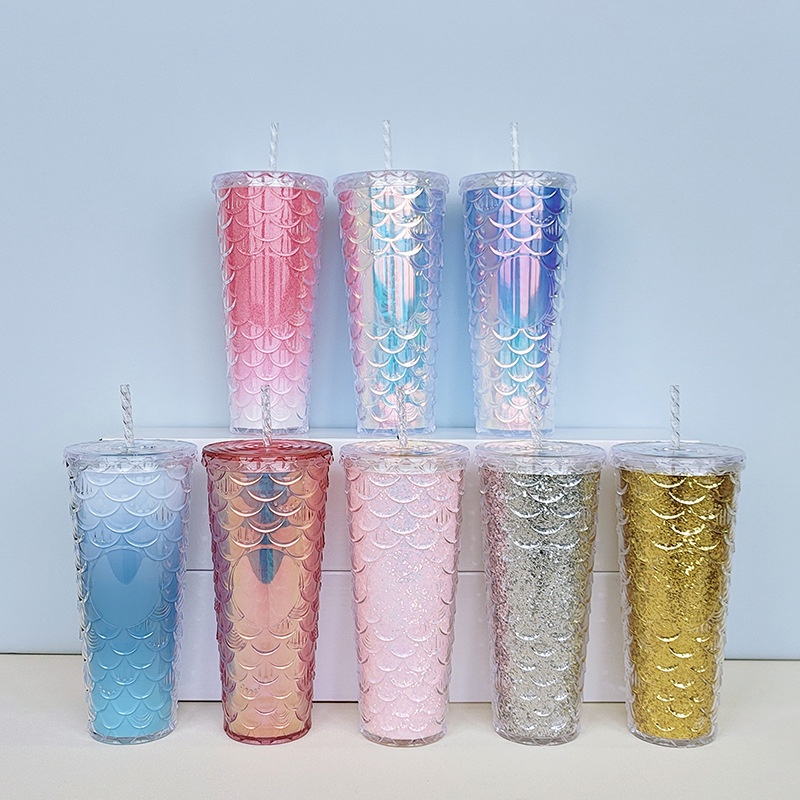 【熱銷】爆款 魚鱗杯 Studded雙層塑膠杯 美人魚 鑽石杯 吸管杯 710ml 水杯