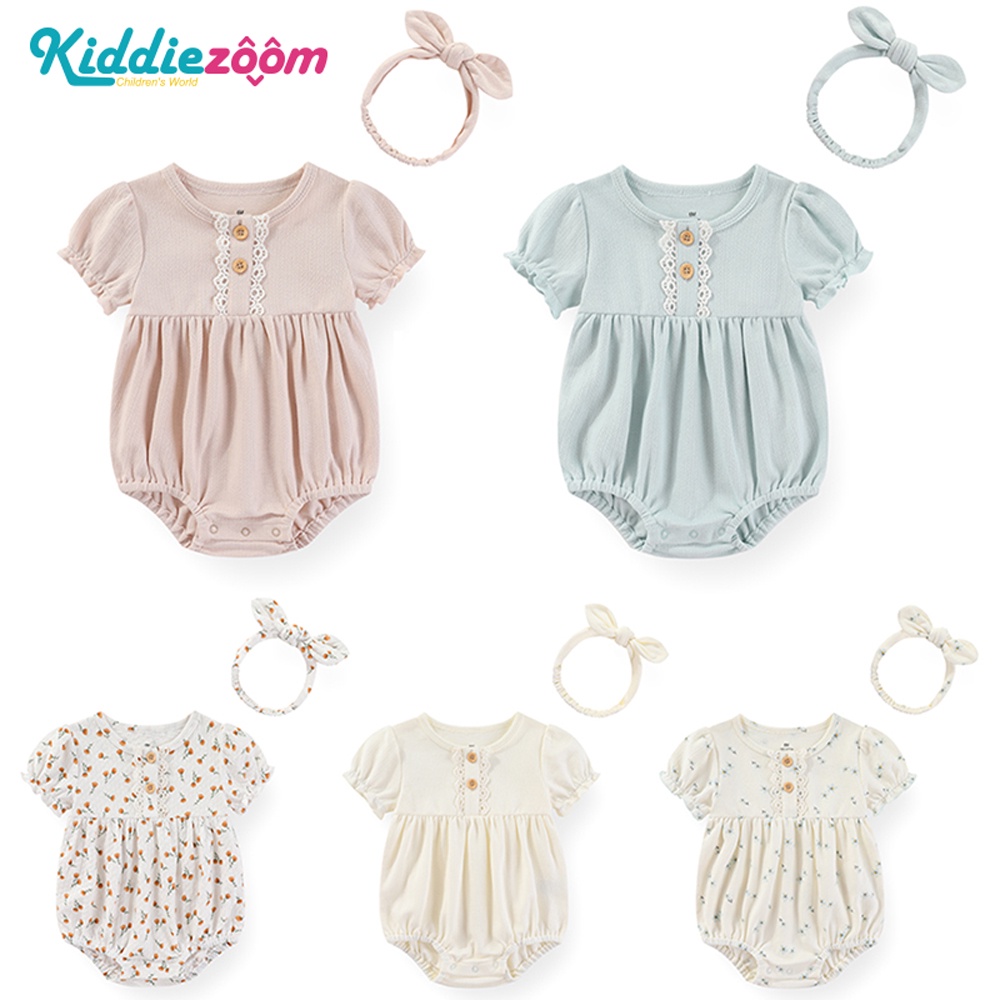 Kiddiezoom 夏季短袖素色碎花包屁衣+帽子 甜美可愛女寶寶套裝 6-24個月嬰幼兒衣服