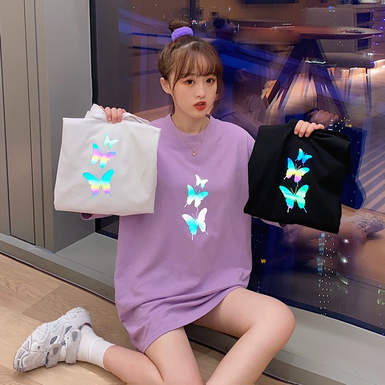 寬鬆反光T恤女短袖韓版2023年夏季新款蝴蝶印花體恤中長款上衣女