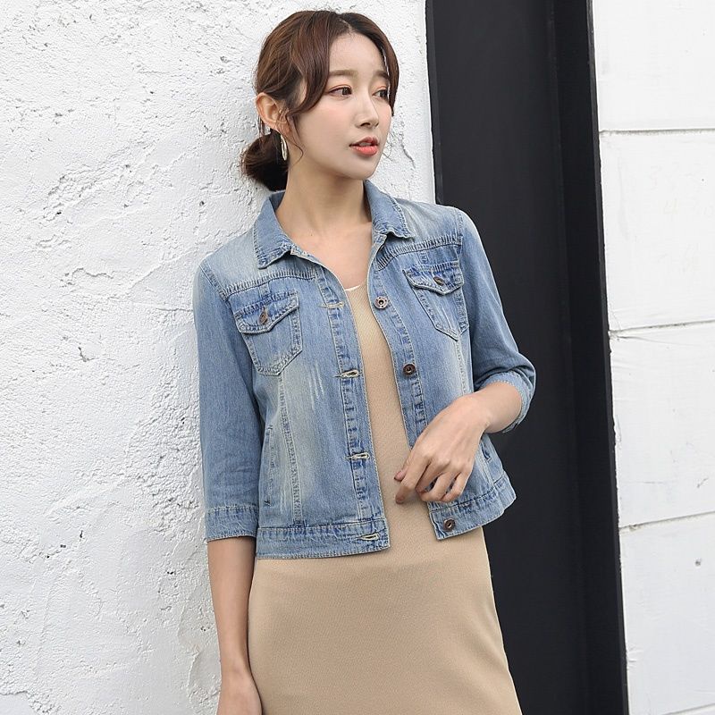 牛仔外套女春夏秋薄短版緊身新款顯瘦學生七分袖牛仔服大尺碼上衣