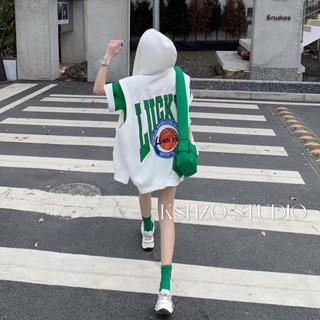 【Jaylee】夏裝新款大尺碼上衣 印花連帽衛衣外套 寬鬆 顯瘦 百搭 馬甲外套 街頭港風無袖上衣 帽衫外套 開衫外套女