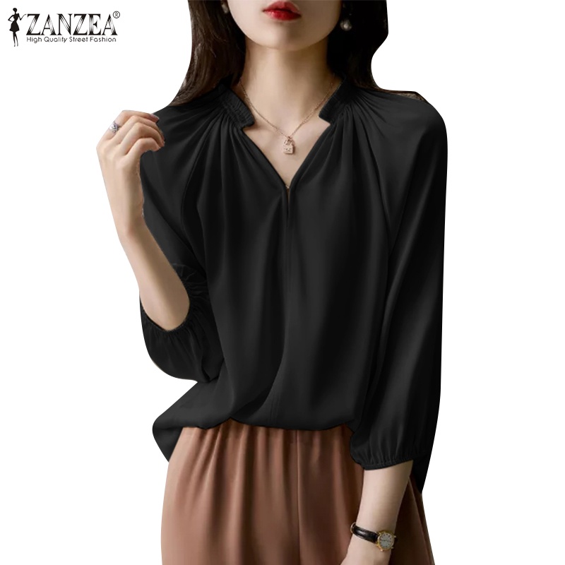 Zanzea 女式韓版休閒泡泡袖街頭時尚 V 領四分之三袖襯衫