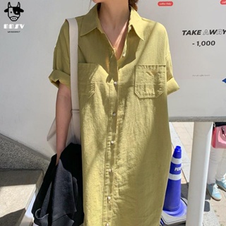 NN少女[輕奢高級]韓國chic夏季復古慵懶風翻領寬鬆休閒素色短袖襯衫式洋裝洋裝長裙女