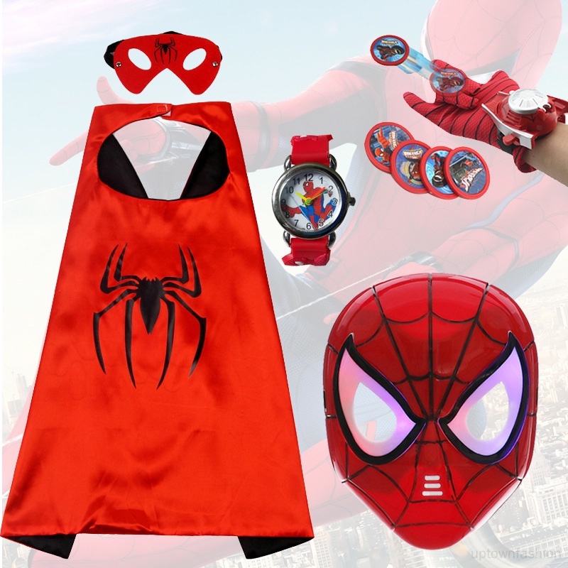 兒童蜘蛛俠套裝面具+萬聖節兒童斗篷+卡通+動漫+玩具發射器+盾牌+手套+手錶套裝