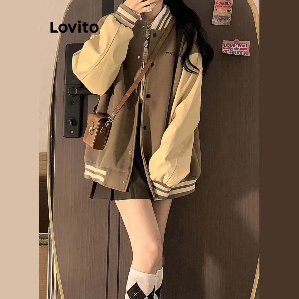 Lovito 女式休閒素色撞色拼接大衣 LNE16047（咖啡）
