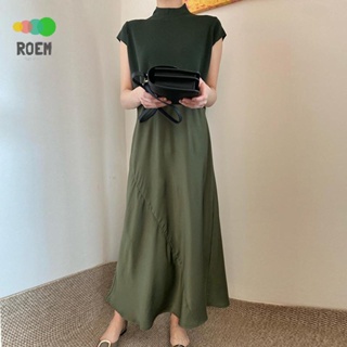 ROVE[輕奢高級]韓國chic夏季法式優雅中高領拼接設計感小眾光澤氣質短袖洋裝洋裝女