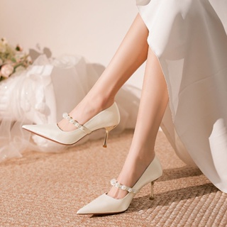 法式細跟高跟鞋女新娘禾秀婚紗兩穿伴娘婚鞋日常可穿尖頭珍珠單鞋