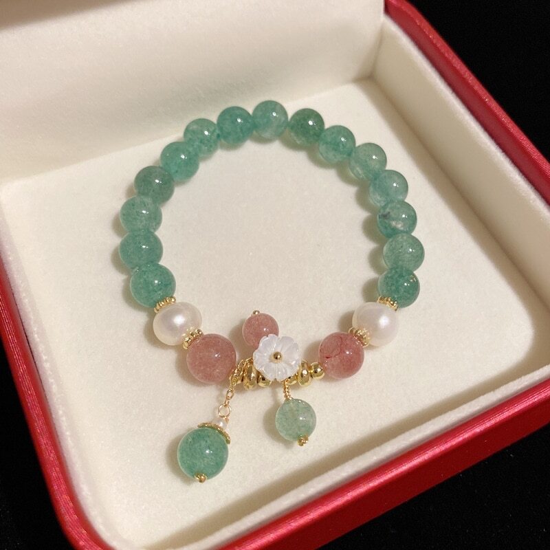 瑞帆貝殼花天然綠色/粉紅色草莓石英水晶淡水珍珠串珠手鍊女士精美珠寶 YBR704