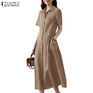 Zanzea 女式韓版日常側袋短袖條紋襯衫連衣裙