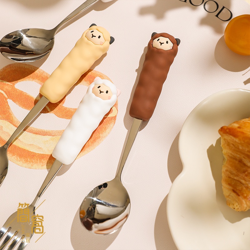 [台灣現貨]可愛羊駝兒童小勺子叉子家用不銹鋼304餐具套裝精致甜品勺