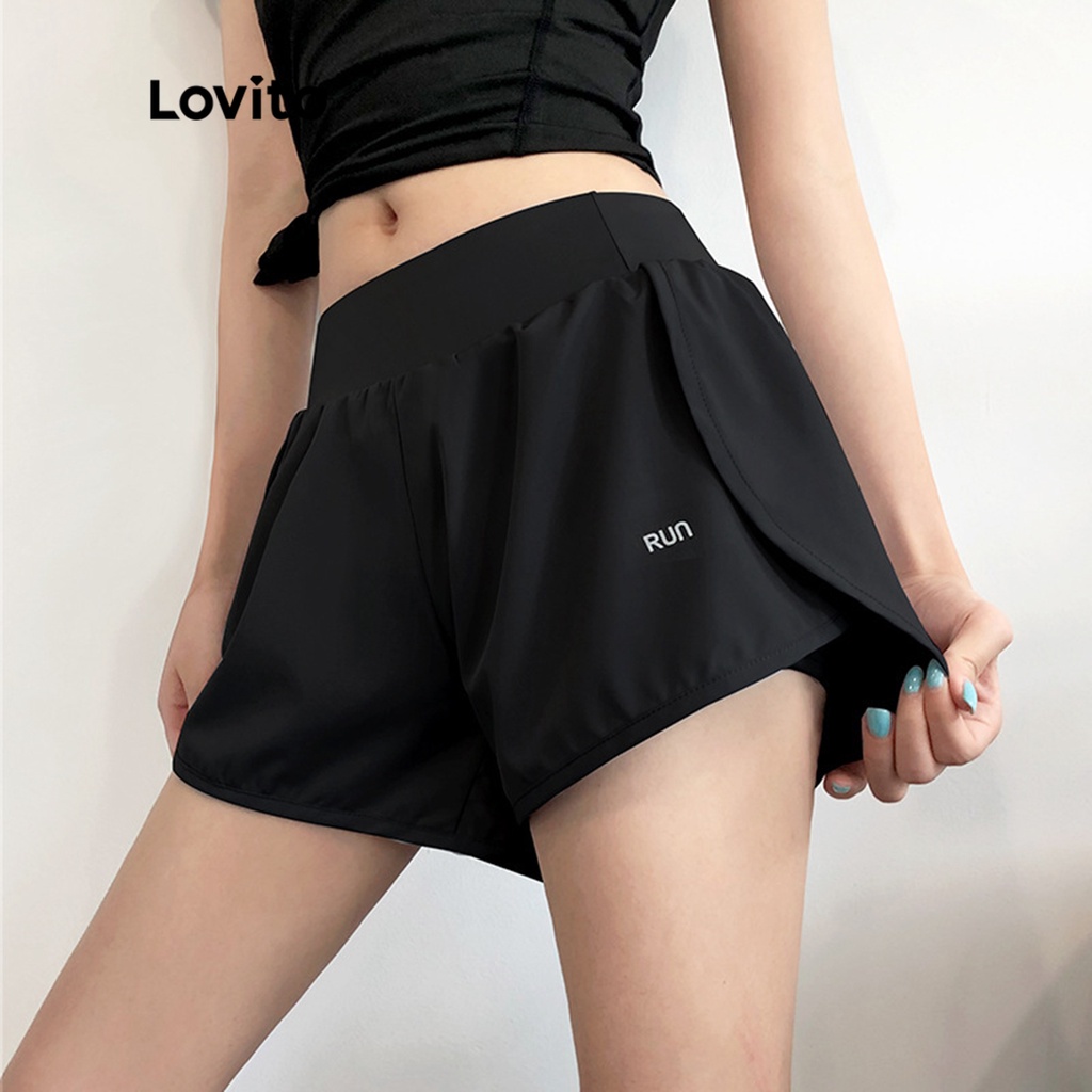 Lovito 女式運動字母雙層圖案運動短褲 LNA10136 (淺灰/深藍/黑)