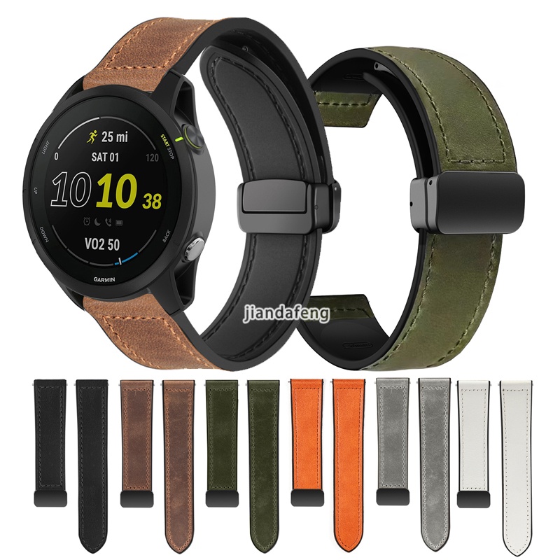 D 扣磁性折疊扣帶皮革矽膠運動錶帶適用於 Garmin Forerunner 245 Music 55 645 Fore