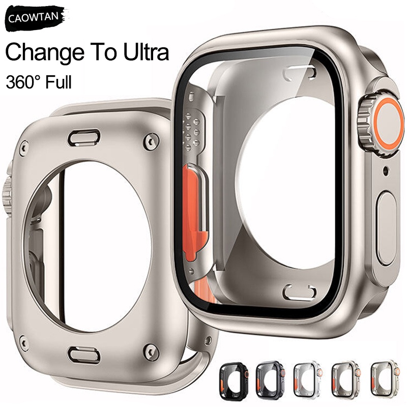 適用於Apple Watch 8 7 6代秒變Ultra全包保護殼 蘋果手錶殼PC+鋼化玻璃膜一體帶下蓋保護套