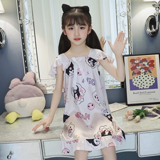 95-150CM 兒童睡衣 卡通洋裝 中小女童花邊領口可愛冰絲公主裙