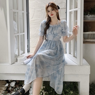 不規則雪紡洋裝夏季2023新款設計感仙女收腰碎花裙