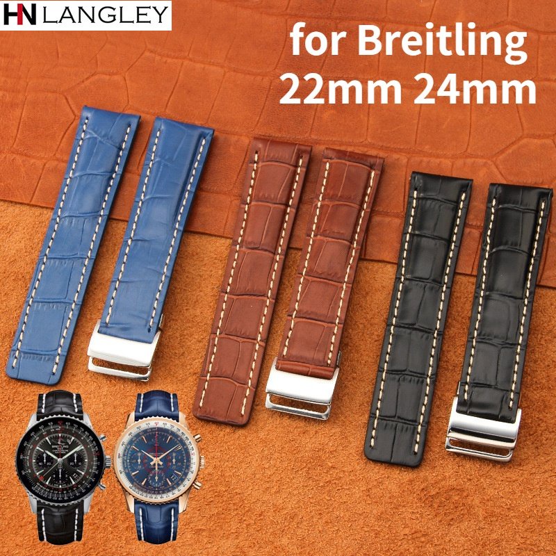 BREITLING 牛皮真皮錶帶 22 毫米 24 米錶帶適用於百年靈錶帶復仇者/導航計時高級手鍊折疊扣