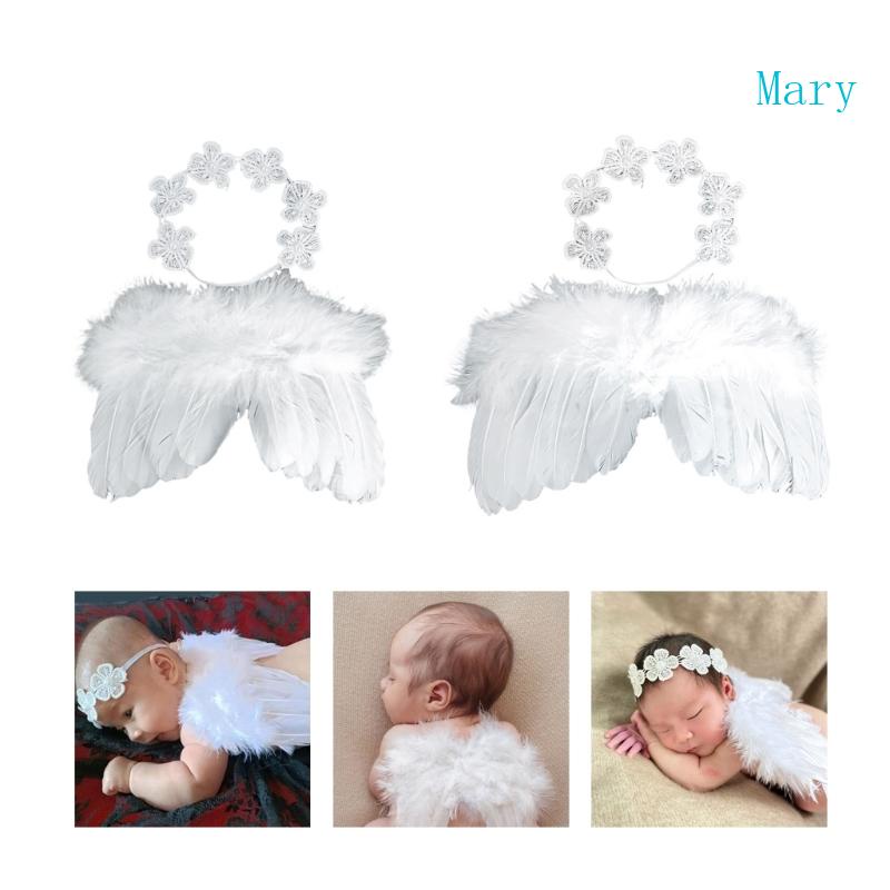 瑪麗 2 件套嬰兒拍照天使服裝翅膀蕾絲花朵頭帶照片擺姿勢道具攝影衣服新生兒淋浴