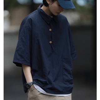 日式男士垂墜襯衫流行款式時尚大口袋大碼短袖襯衫