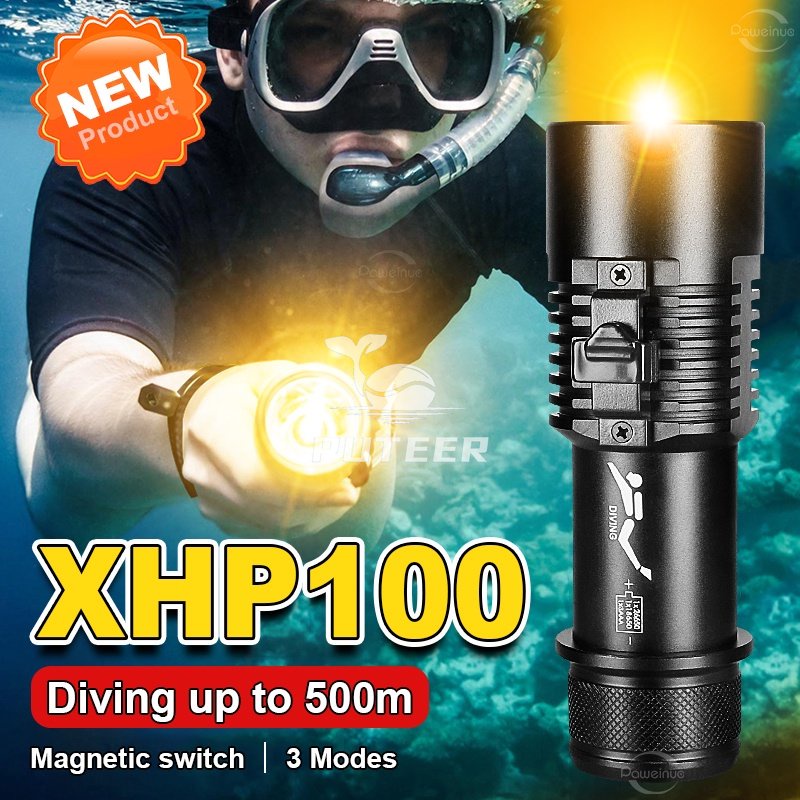 全新強力 XHP100 潛水手電筒黃光水下 100m 燈專業水肺 LED 手電筒潛水手電筒