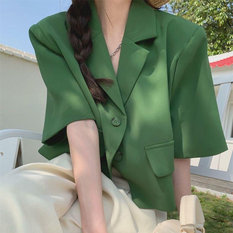 夏天外套🫧 大尺碼五分袖西裝短板外套女 韓版薄款綠色鹽系短袖西裝外套 立體垂感顯瘦薄外套 韓版上衣短袖 西裝小外套