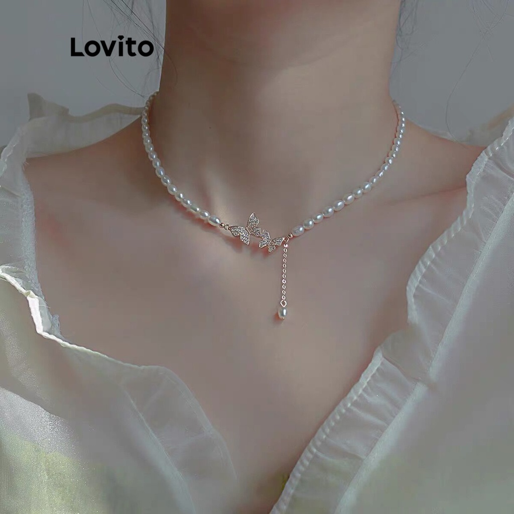 Lovito 女士休閒素色珍珠項鍊 LNA14115 (白色)