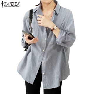 Zanzea 女式韓版日常員工翻領印花條紋襯衫