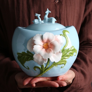 茶葉罐茶葉盒手工捏花高檔茶叶包裝盒陶瓷茶叶罐密封罐紅茶普洱茶綠茶空罐茶罐