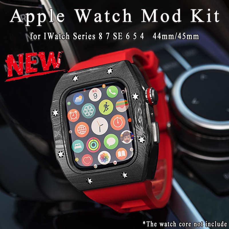 框架擋板改裝套件豪華碳纖維錶殼碳橡皮筋兼容 Apple Watch 45 毫米 44 毫米 IWatch 8 7 6 5