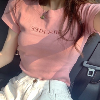 批發2023夏季新款韓版字母刺繡緊身短袖T恤女學生上衣外貿女裝潮
