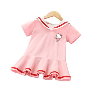 凱蒂貓洋裝 夏季童裝 韓版女童洋裝 寶寶洋氣短袖學院風裙子 中兒童KT公主裙