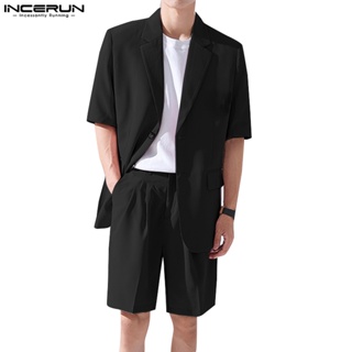 Incerun 男士韓版短袖西裝外套高腰短褲休閒純色兩件套